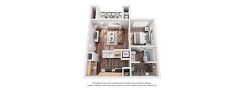 A 3D floor plan of a house with a kitchen, living room, and bathroom.
