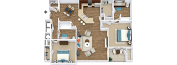 A top-down view of a house layout with a pool and multiple rooms.