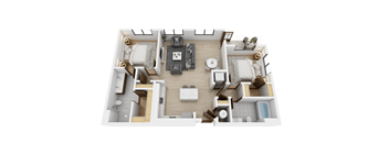 A top-down view of a small apartment with a kitchen, living room, and bathroom.