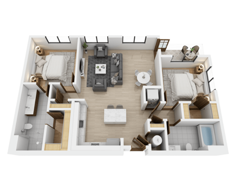 A top-down view of a small apartment with a kitchen, living room, and bathroom.