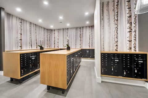 A kitchen with black cabinets and wooden countertops.