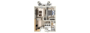 A diagram of a small apartment with a kitchen, living room, and bathroom.