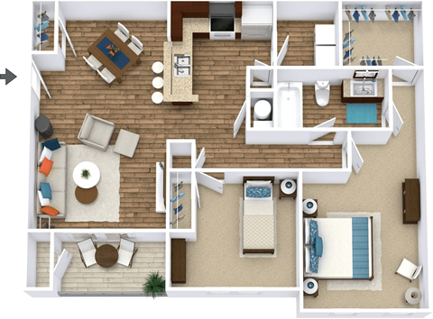 A top-down view of a living room, kitchen, and bedroom layout.