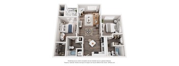 A 3D floor plan of a house with a living room, kitchen, dining room, and bedrooms.