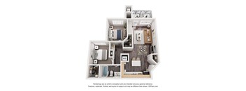 A 3D floor plan of a house with a kitchen, living room, and bathroom.