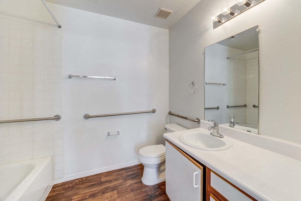 a bathroom with a sink, toilet, and a mirror