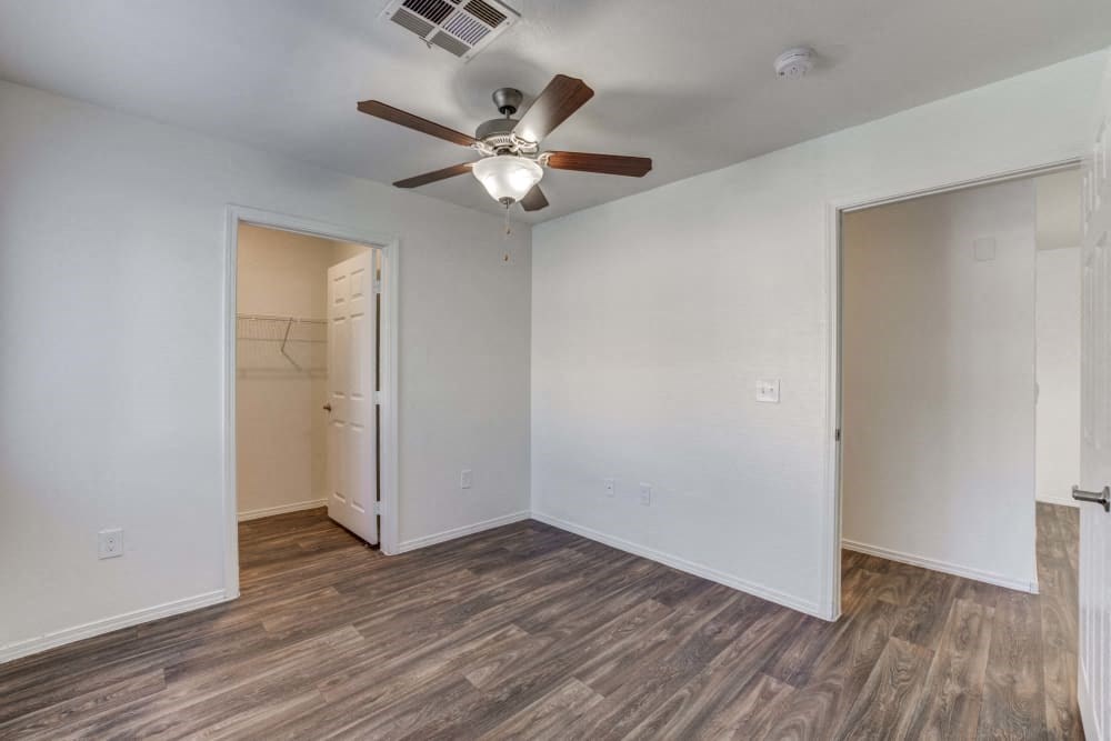 Bedroom ceiling fan and a door to a closet