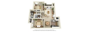 A 3D floor plan of a house with various rooms and furniture.