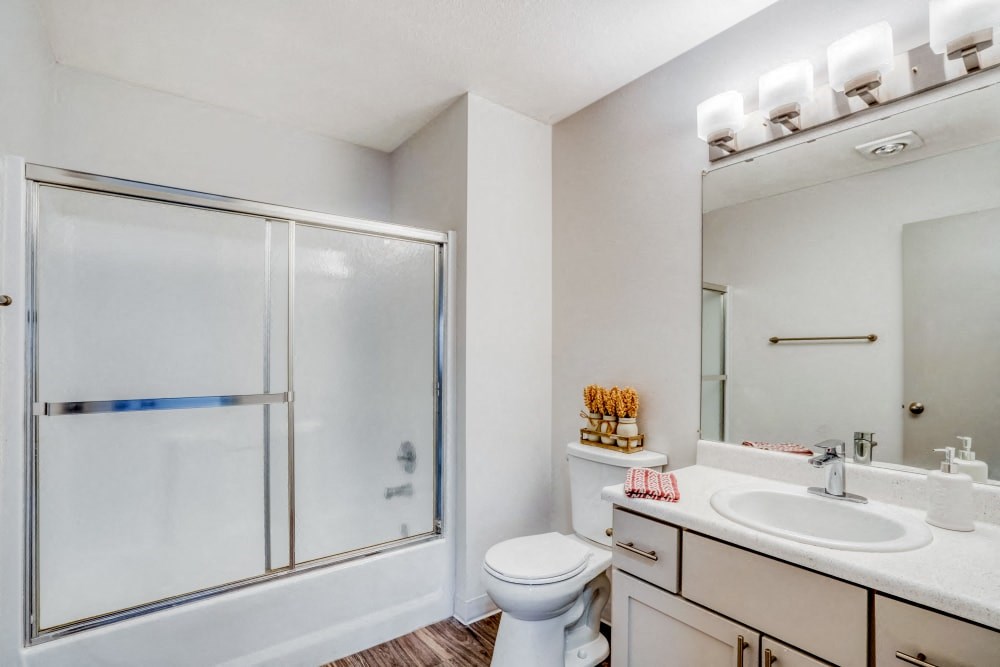 a bathroom with a shower and a sink and a toilet