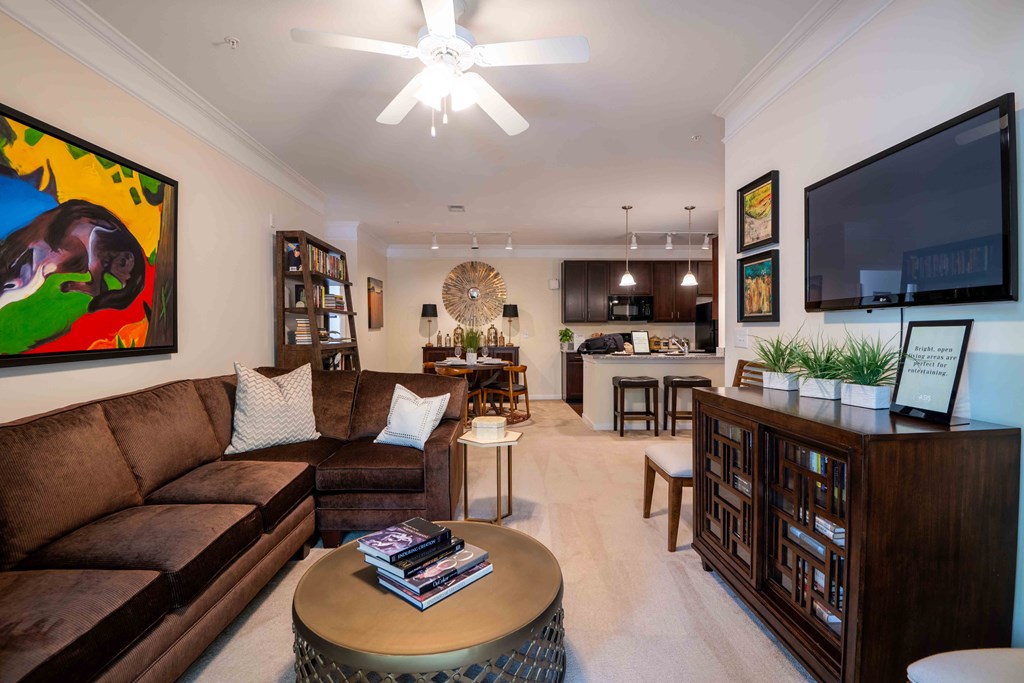 a living room with a couch and a table