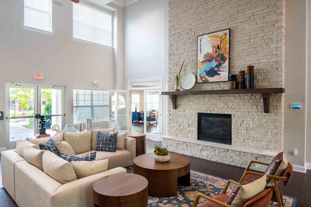 Clubhouse with a couch and a fireplace