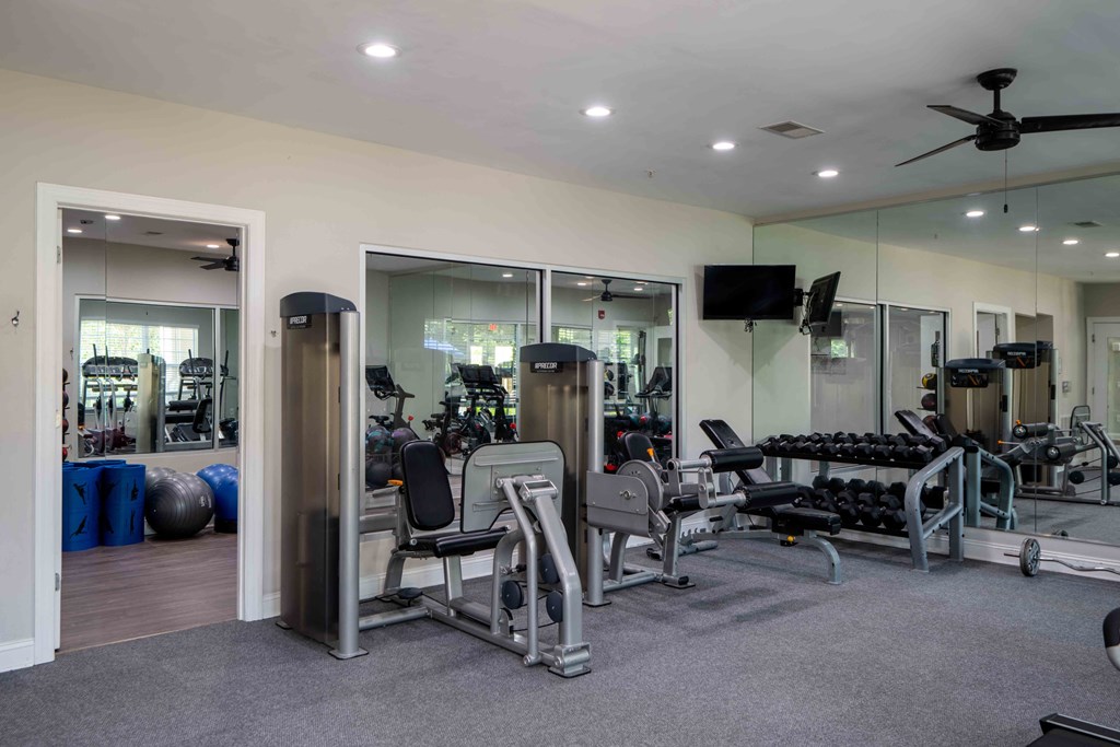 a gym with weights and cardio equipment