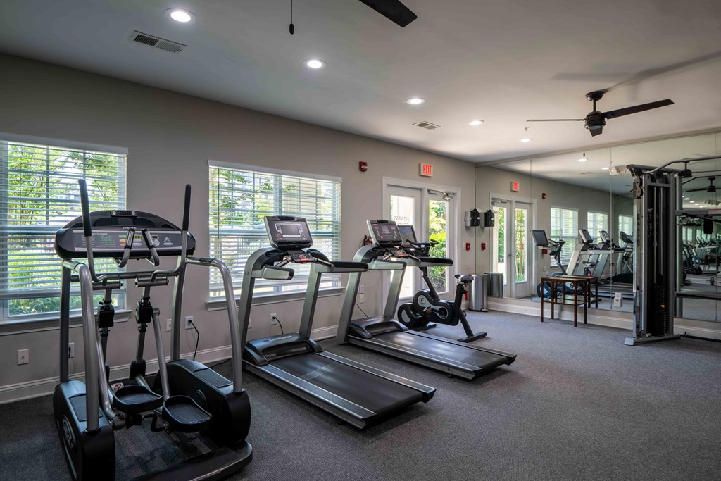 the gym is equipped with treadmills and other fitness equipment