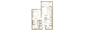 A floor plan of a small apartment with a living room, bedroom, kitchen, and bathroom.
