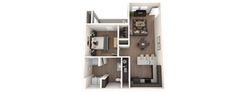 A 3D rendered image of a small apartment layout.