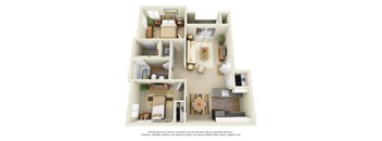 A 3D floor plan of a house with multiple rooms and furniture.