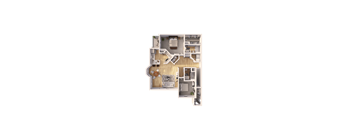 A 3D floor plan of a house with a kitchen, living room, and two bedrooms.