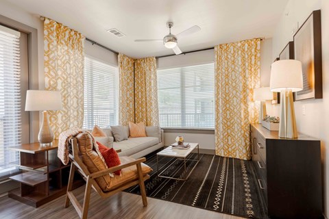 A living room with a sofa, a chair, and a rug.