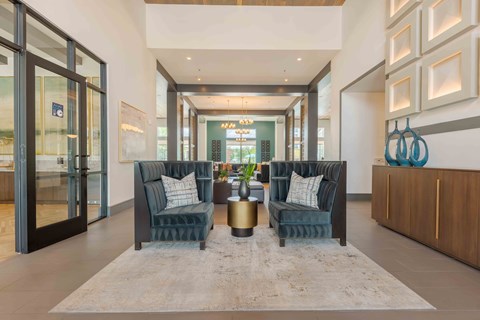 A modern living room with a grey rug and two grey sofas.