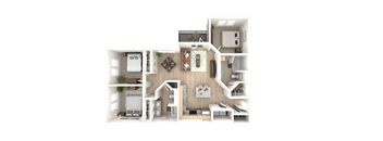 a 3d floor plan of a bedroom with a bathroom and a living room