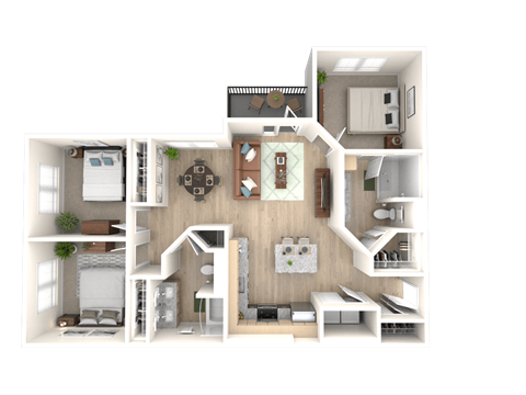 a 3d floor plan of a bedroom with a bathroom and a living room