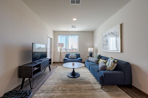 A living room with a blue couch and a television.