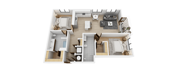 A top-down view of a modern apartment layout with a kitchen, living room, and bathroom.
