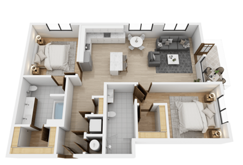 A top-down view of a modern apartment layout with a kitchen, living room, and bathroom.