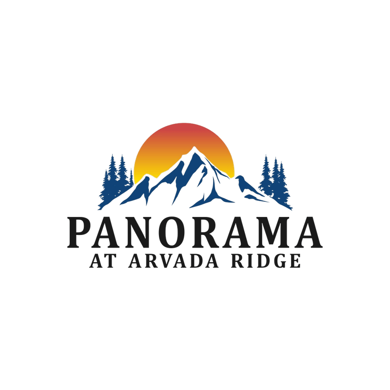 A logo with the text "PANORAMA AT ARVADA RIDGE" with a mountain and sunset in the background.