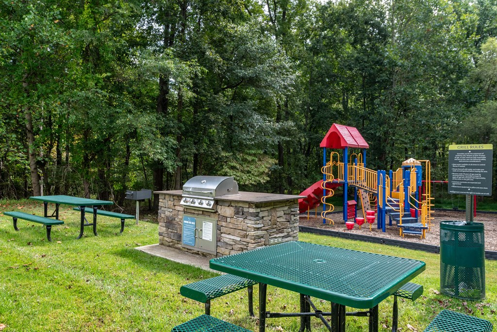 a park with a playground and picnic table