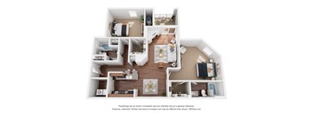 A 3D floor plan of a house with multiple rooms and furniture.