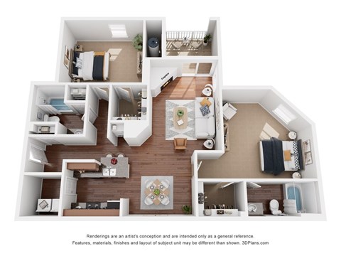 A 3D floor plan of a house with multiple rooms and furniture.