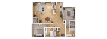 A top-down view of a house layout with a living room, kitchen, dining area, and bathrooms.