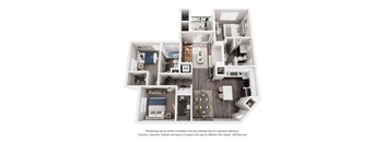A 3D floor plan of a small apartment with a kitchen, living room, and two bedrooms.