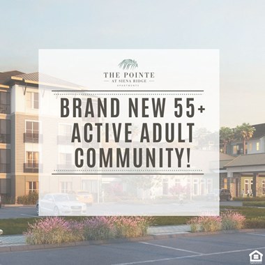 Rendering of exterior with text that says "Brand new 55+ active adult community!"