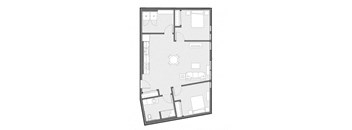 A floor plan of a house with a kitchen, living room, and two bedrooms.