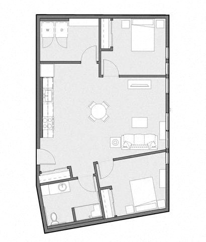 A floor plan of a house with a kitchen, living room, and two bedrooms.