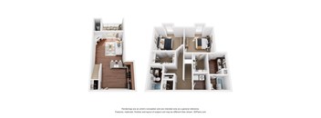 Two images of a house layout with a kitchen, living room, and bedrooms.