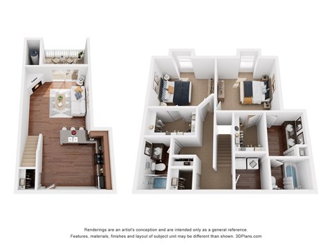 Two images of a house layout with a kitchen, living room, and bedrooms.