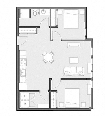 A floor plan of a house with labeled rooms D, W, and a central open space.