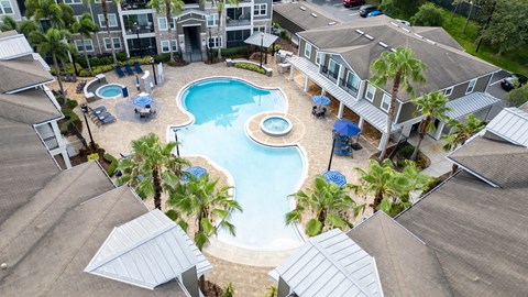 A swimming pool surrounded by palm trees and lounge chairs.