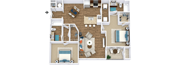 A top-down view of a house layout with a kitchen, living room, and bathrooms.
