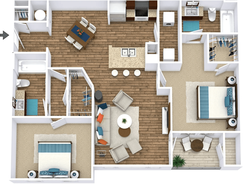 A top-down view of a house layout with a kitchen, living room, and bathrooms.