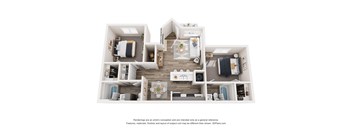 A 3D floor plan of a house with a kitchen, living room, and two bedrooms.