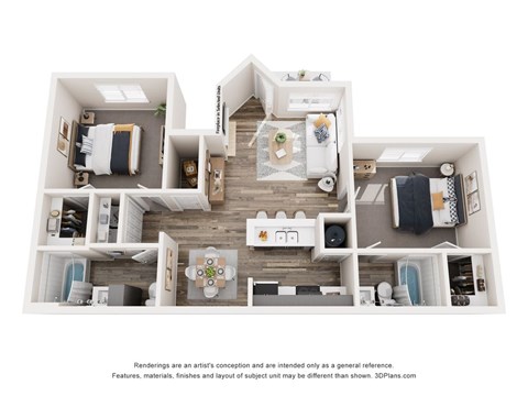 A 3D floor plan of a house with a kitchen, living room, and two bedrooms.