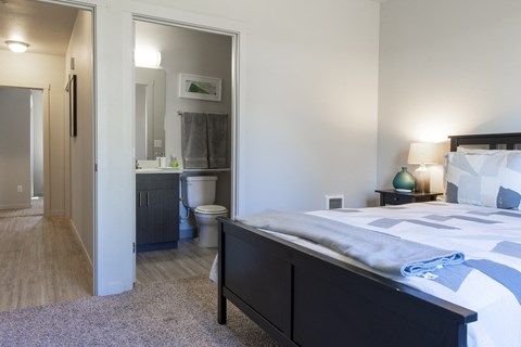 a bedroom with a bed and a bathroom with a toilet