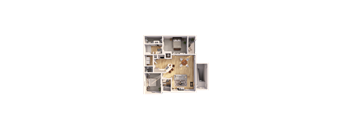 A 3D floor plan of a house with a kitchen, living room, and bedrooms.
