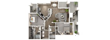 A floor plan of a house with a living room, kitchen, and two bedrooms.