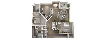A floor plan of a two-bedroom apartment with dimensions and furniture layout.
