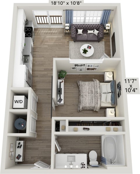 A floor plan of a small apartment with a living room, kitchen, and bathroom.